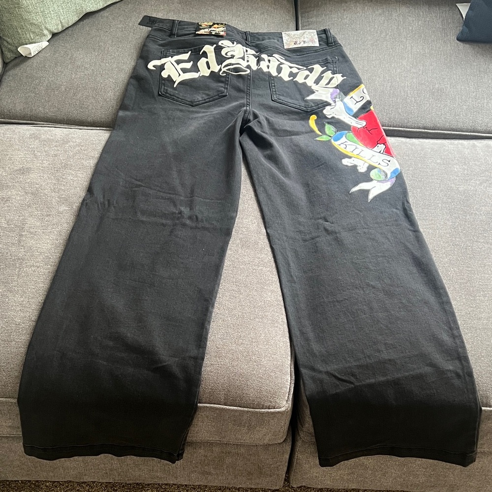 Ed Hardy Black Flare Jeans with Colorful Graphics